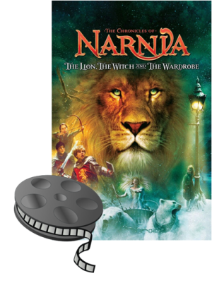 Photo of the Narnia film poster with a film reel next to it